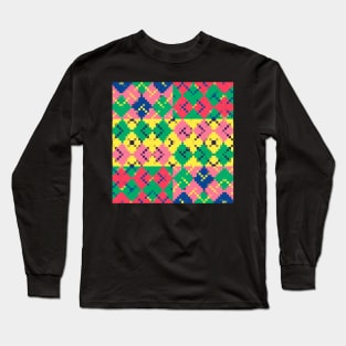 Colorful Pixelated Checkered Design Long Sleeve T-Shirt
